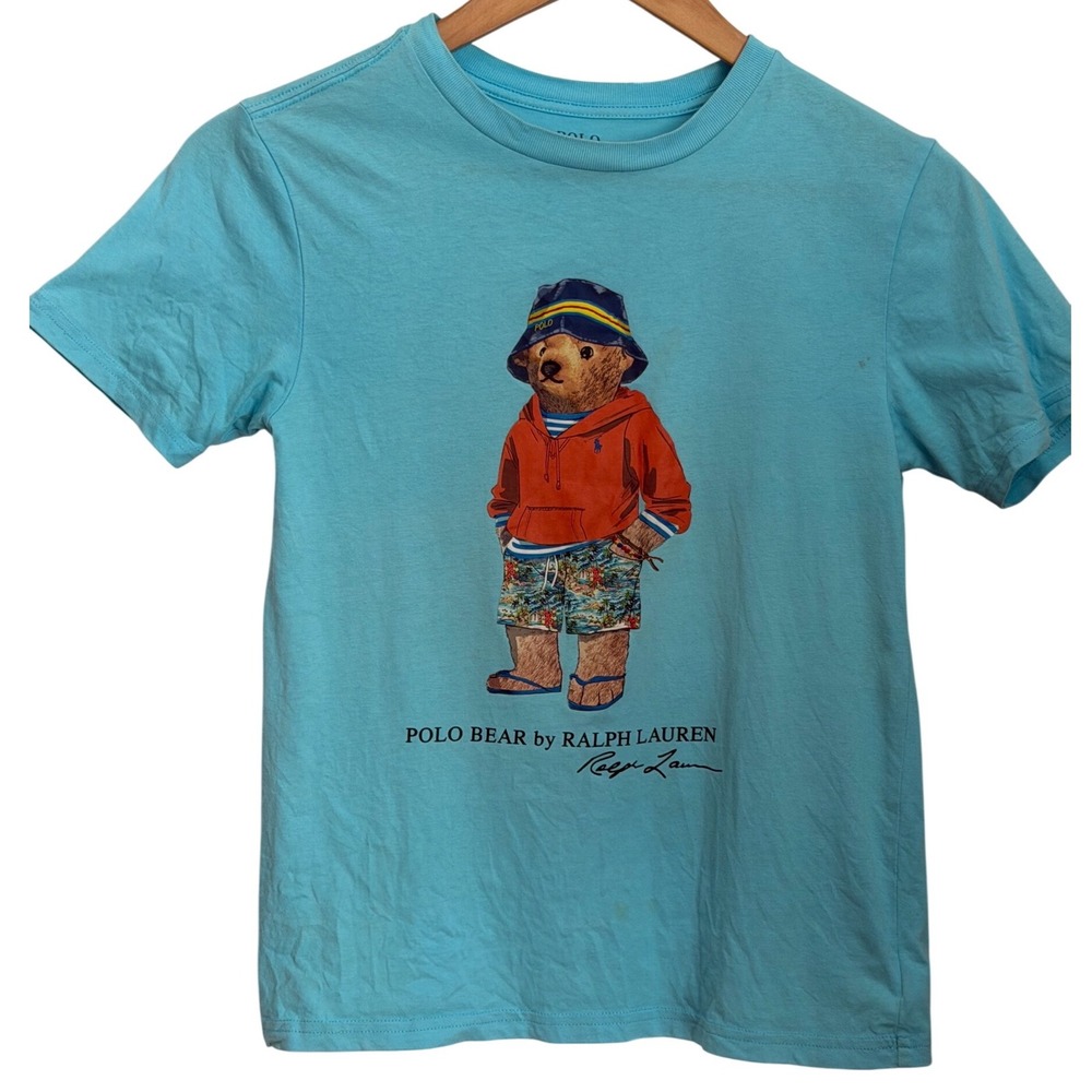 Polo Ralph Lauren Polo Beach Bear Graphic T-Shirt Kids Size 8 Blue Paddington